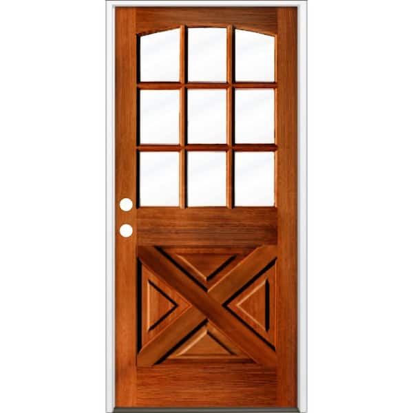Krosswood Doors 36 in. x 80 in. Farmhouse X Panel RH 1/2 Lite Clear Glass Red Chestnut Stain Hemlock Prehung Front Door