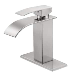 Waterfall Single Handle Single Hole Low-Arc Bathroom Faucet with Deckplate Brushed Nickel