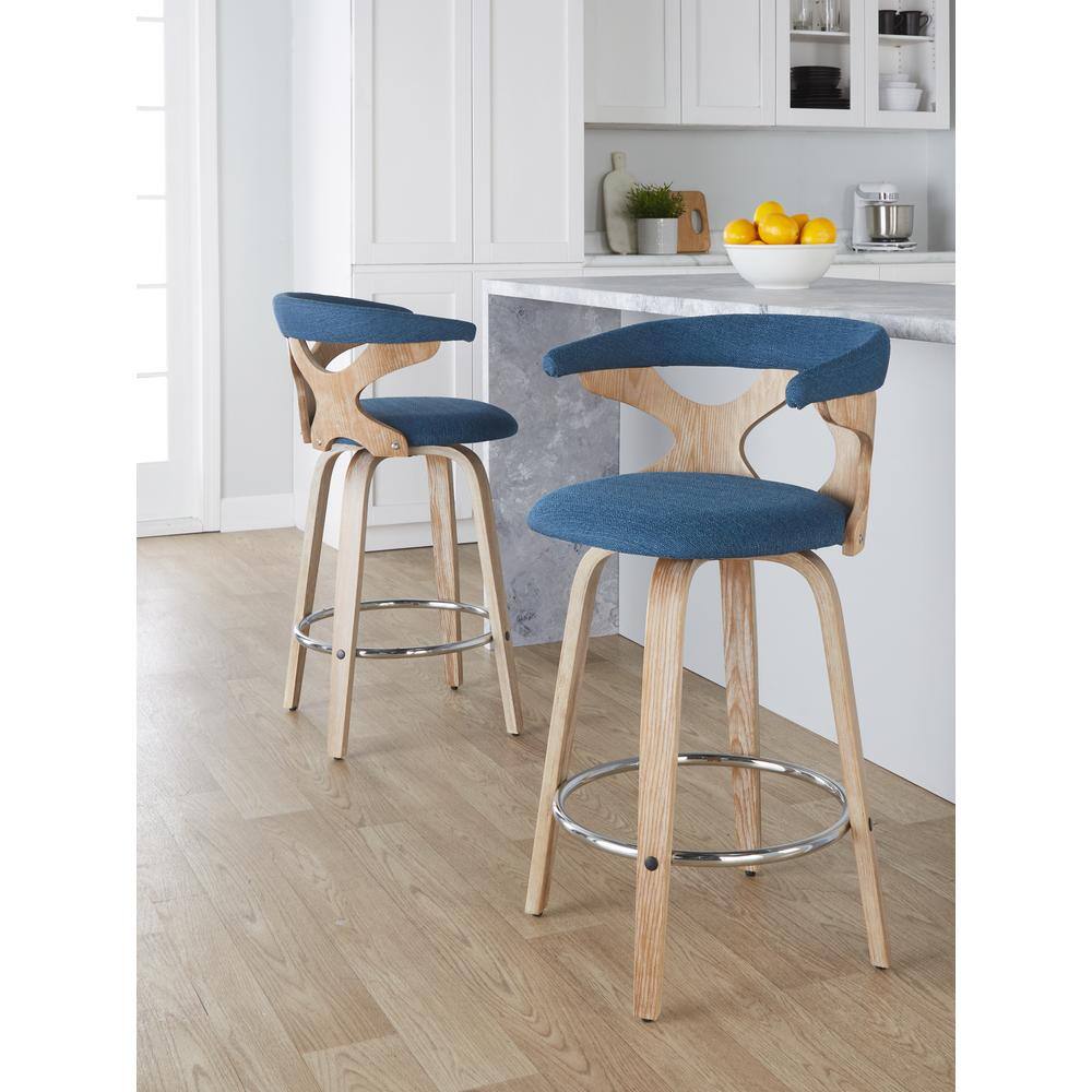 Gardenia 26" White Washed Wood and Blue Swivel Counter Stool Set