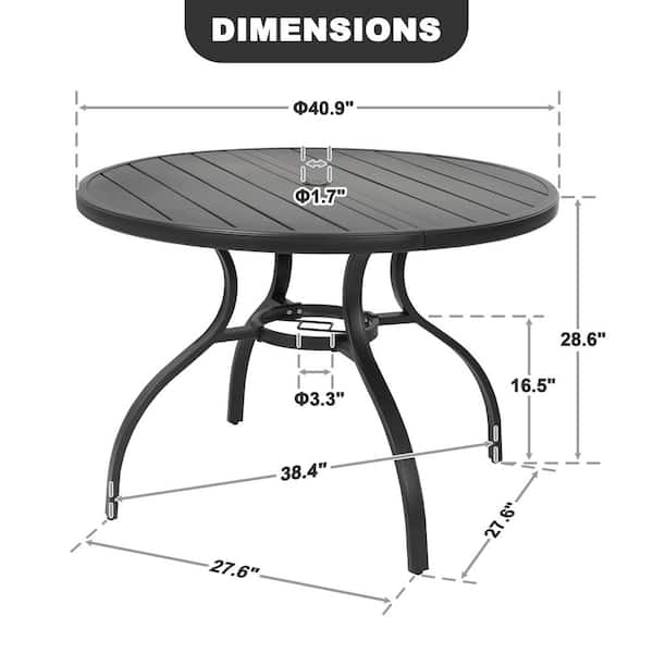 Black Round Metal Outdoor Dining Table with Umbrella Hole, Slatted Tabletop and Adjustable Feet