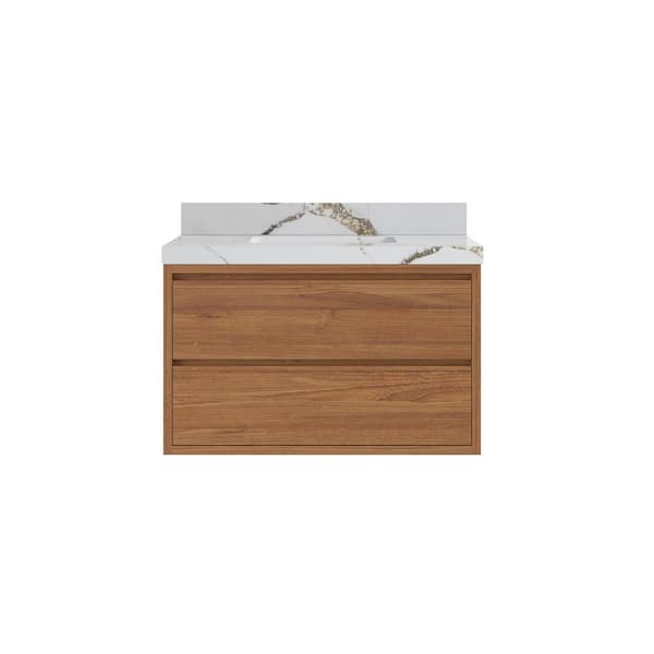 Willow Collections Madison Float 36 in. W x 22 in. D x 36 in. H Bathroom Vanity Center Sink, Dark Natural with 2 in. Calacatta Gold Qt. Top