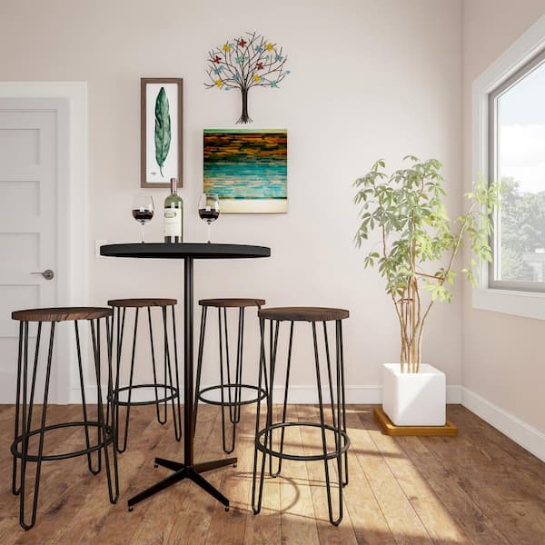 Modern Farmhouse Counter Height Bar Stools, 29.5 in. Kitchen Stools with Dark Walnut Wood Seat and Metal Legs (Set of 2)