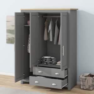 Gray Wood 47.2 in. Wardrobe Armoire with 2 Large Drawers and 2 Hanging Rails
