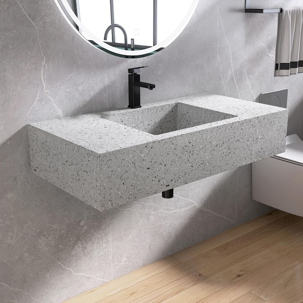 39 in. x 20 in. x 8 in. Terrazzo Solid Surface Wall-Mounted Bathroom Vessel Sink in Gray with Faucet Hole