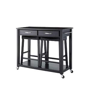 Black Kitchen Cart with Black Granite Top and Stools