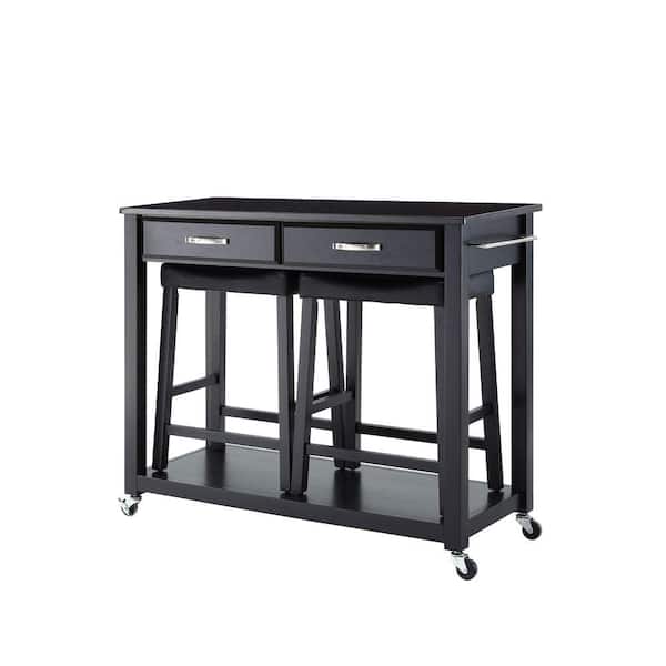 Crosley Black Kitchen Cart with Black Granite Top and Stools