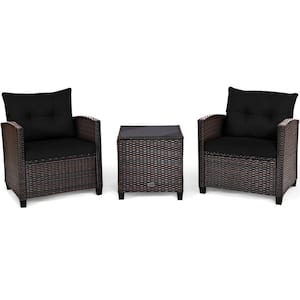 3-Piece Steel PE Wicker Outdoor Sofa Set Patio Conversation Set with Black Cushions