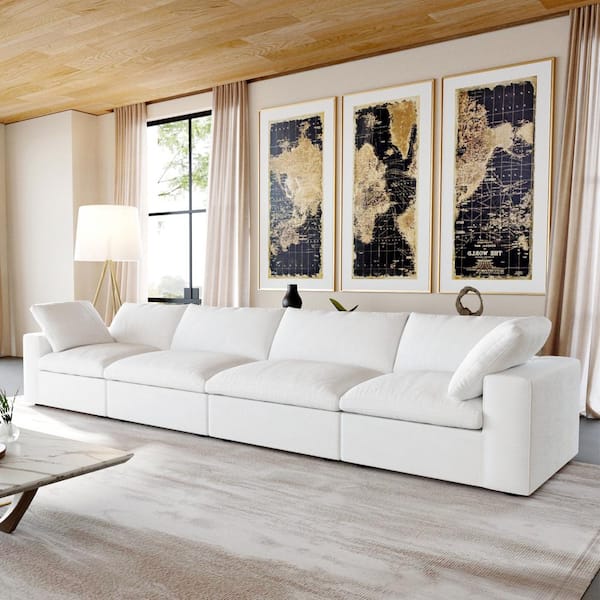 Magic Home 157 in. Square Arm 4-Piece Linen Modular Sectional Sofa Cloud Couch in White