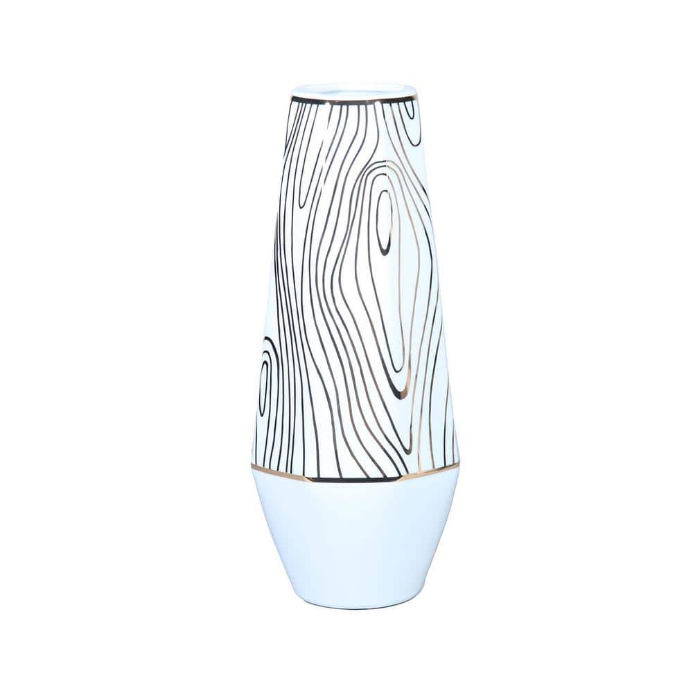 14.96 in. H Elegant White Ceramic Vase with Gold Wood Grain Design: A Timel