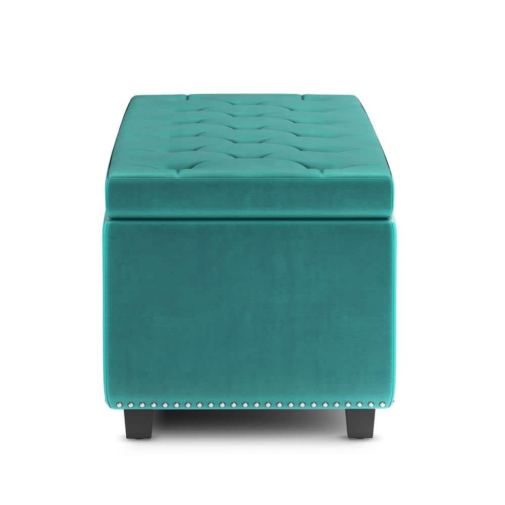 Aqua Blue Velvet Tufted Large Rectangular Storage Footstool