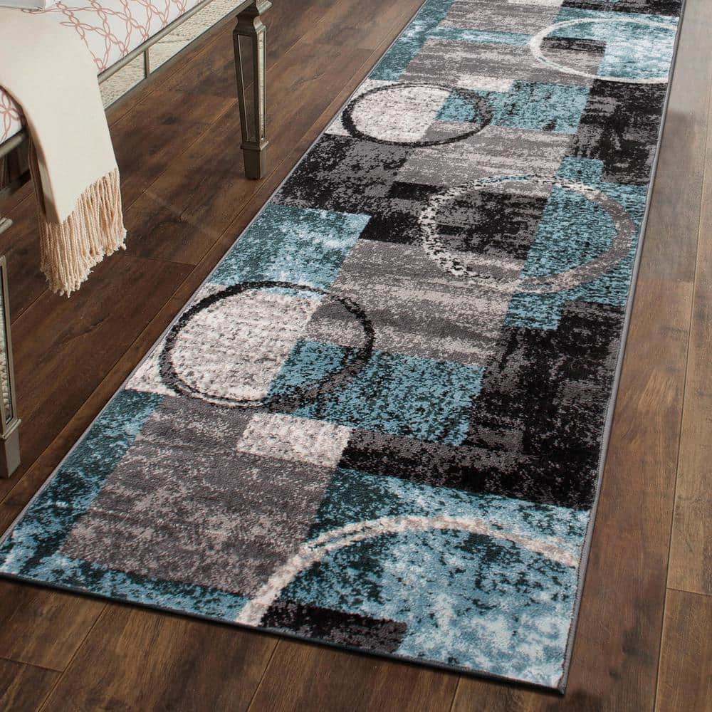 Gray and Teal Abstract Geometric Runner Rug 2'7" x 10'