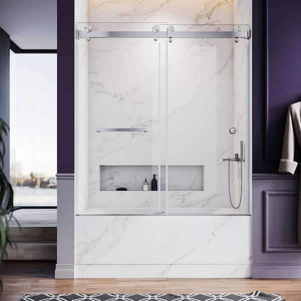UKD01 56 to 60 in. W x 66 in. H Frameless Double Sliding Bathtub Door in Brushed Nickel with EnduroShield Clear Glass
