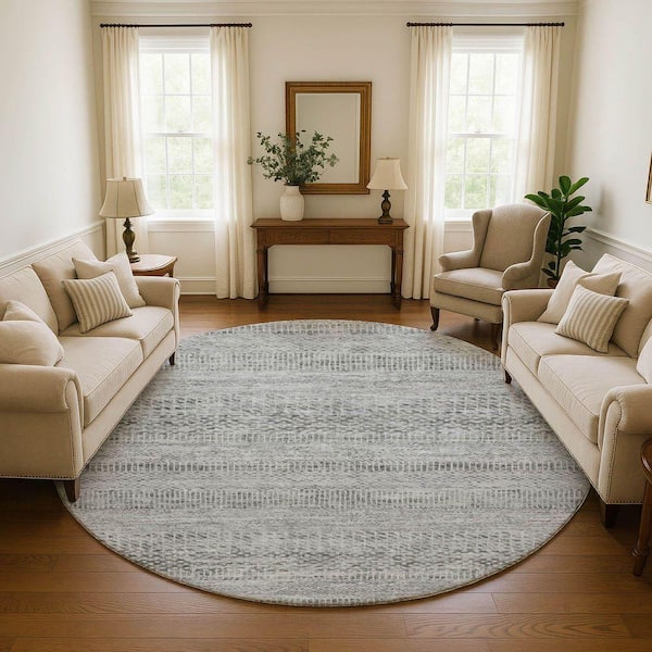 Mayfield Premium Machine Washable Abstract AMF1634 Gray 8 ft. x 8 ft. Round Rug