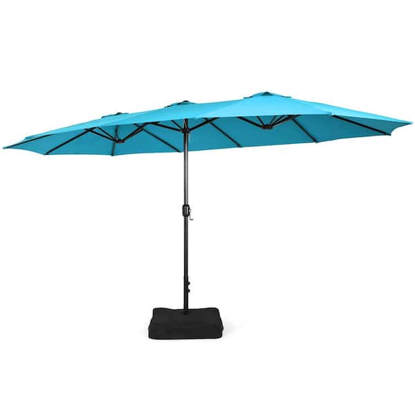 Costway 15 ft. Double-Sided Twin Metal Market Patio Umbrella with Crank and Base in Turquoise