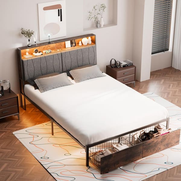 Platform Bed Frame 60 in. W x 86.2 in. D x 43.5 in. H Metal Frame Queen Size with LED Lights and Charging Station, Brown
