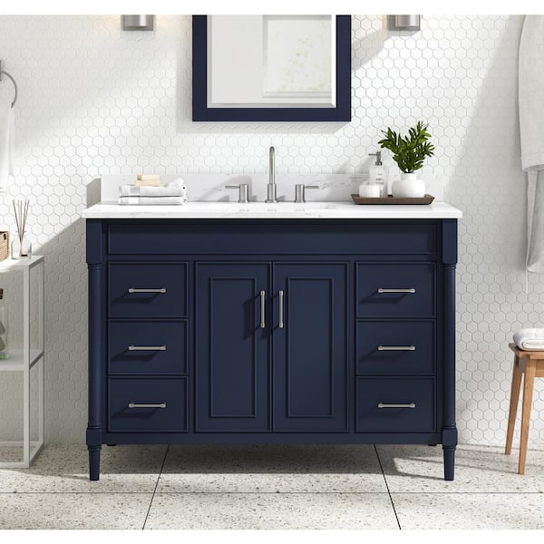 Avanity Bristol 49 in. Single Sink Navy Blue Bath Vanity with Cala White Engineered Stone Top