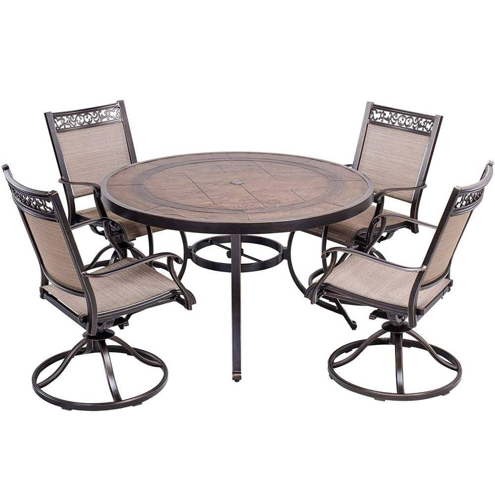 Kao 5-Piece Cast Aluminum Patio Swivel Chair Round Table 28 in. Height Outdoor Dining Set with Umbrella Hole -  Mondawe, MD-480-300