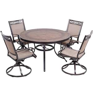 Kao 5-Piece Cast Aluminum Patio Swivel Chair Round Table 28 in. Height Outdoor Dining Set with Umbrella Hole