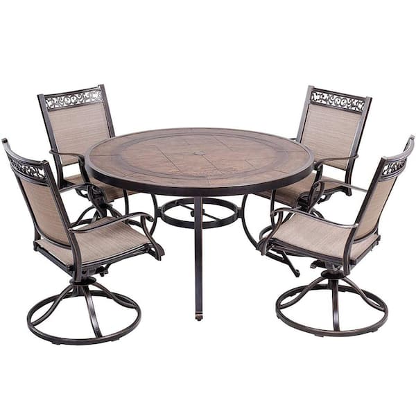 Mondawe Kao 5-Piece Cast Aluminum Patio Swivel Chair Round Table 28 in. Height Outdoor Dining Set with Umbrella Hole