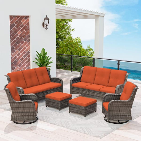 MeetLeisure Brown 6-Piece Wicker Patio Conversation Set Rattan Seating Set with Orange Cushion