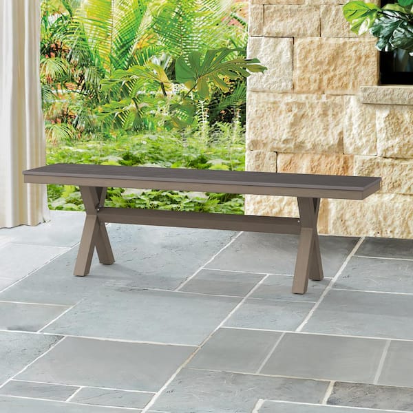 LUE BONA 60 in.Alu Recycled Plastic Wood Outdoor Patio Benches X-Leg Dining Bench for Outdoor Patio Garden Backyard-Slate Gray