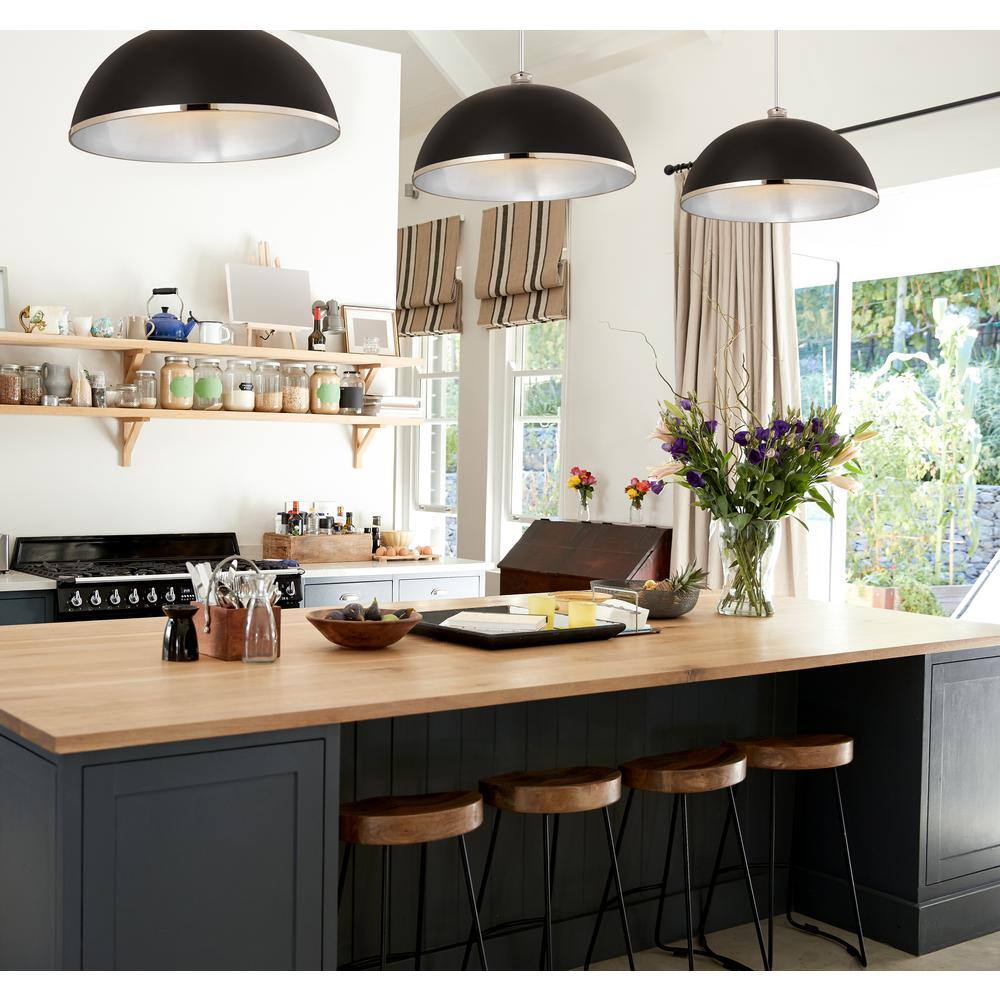 Matte Black and Chrome Steel Bowl Pendant Light