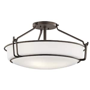 Alkire 22 in. 4-Light Olde Bronze Hallway Transitional Semi-Flush Mount Ceiling Light with Frosted Glass