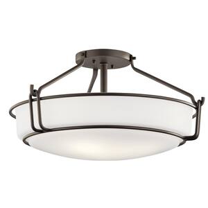 Alkire 4-Light Olde Bronze Drum Hallway Semi-Flush Mount Ceiling Light with Satin Etched White Glass
