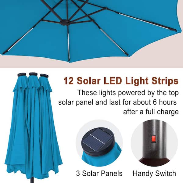 15 ft. Patio Solar Market Umbrella Double-Sided Outdoor Umbrella with Base and Detachable Light Strip in Turquoise