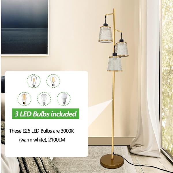 63 in. Gold 3-Light Tree Floor Lamp for Living Room with Acrylic Shade and Bulbs Included
