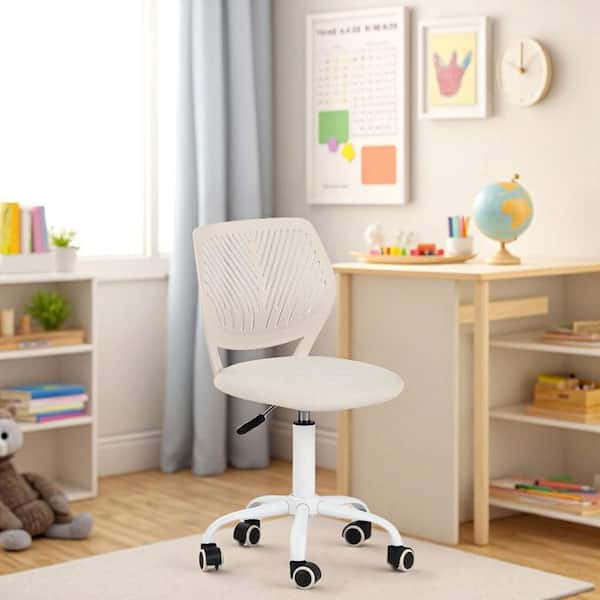 CARNAT Cream Beige Ergonomic Kids Desk Chair Adjustable Height Swivel Study Chair with Breathable Plastic Back