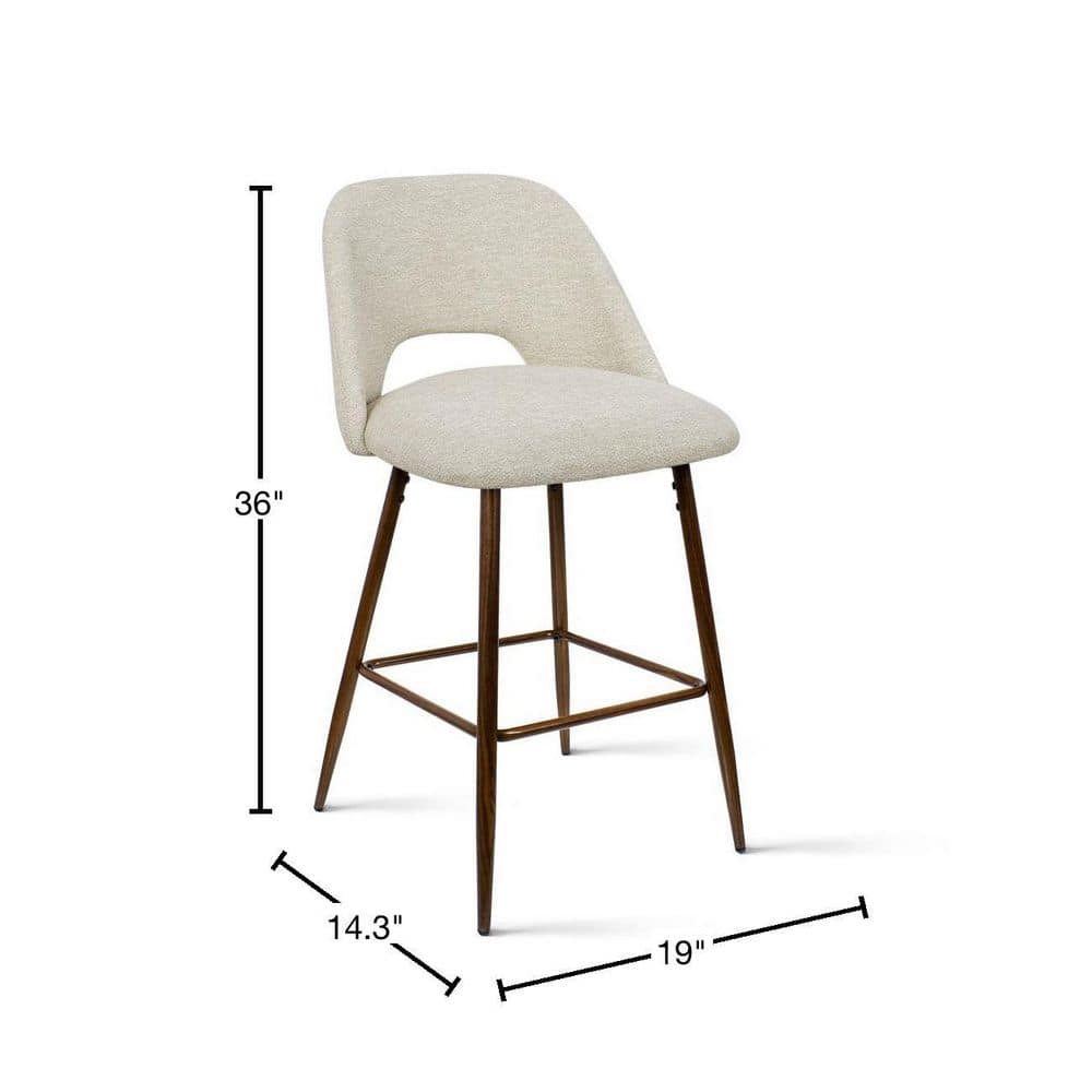 Beige Upholstered Counter Stools with Walnut Legs, Set of 2