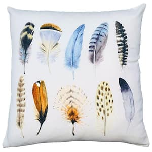 20 in. White and Multicolor Modern Square Cotton Printed Feather Patterned Design Accent Throw Pillow (Set of 2)