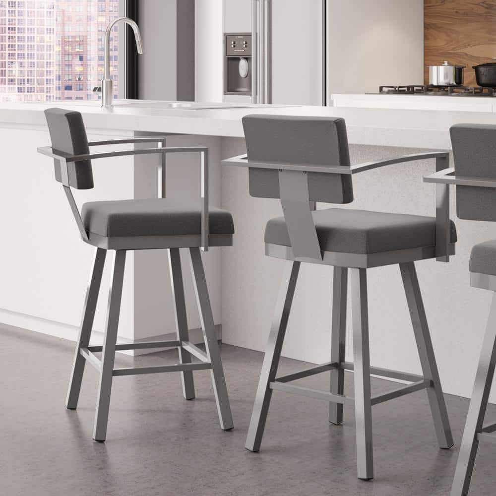 Akers 26" Light Grey Polyester Swivel Counter Stool with Black Metal Frame