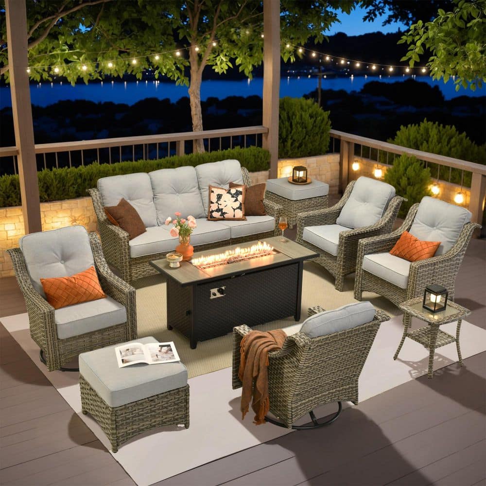 Tulip R 9-Piece Wicker Patio 54 in. Fire Pit Conversation Set with Swivel Rocking Chairs and Gray Cushions price history on PriceWatchPro