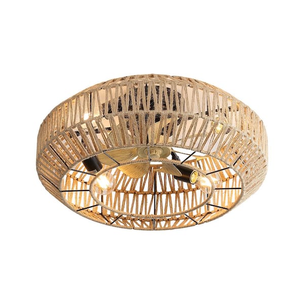 Sofucor 22 in. Indoor/Outdoor Brown Hemp Rope Small Caged Ceiling Fan with Light Kit and Remote Control