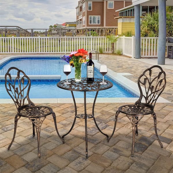 balcony patio set 3pc umbrella 3-Piece Cast Aluminum Bistro Set Outdoor Table and Chairs with Ornamental  Rose Design Umbrella Hole for Patio, Balcony YDQ_PHO_0W2C86VI