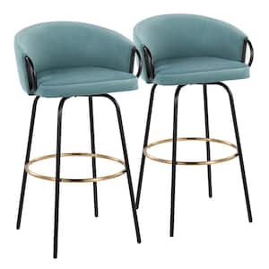 Claire 38.25 in. Light Blue Velvet and Black Metal Low Back Bar Stool with Gold Footrest (Set of 2)