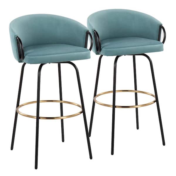 Lumisource Claire 38.25 in. Light Blue Velvet and Black Metal Low Back Bar Stool with Gold Footrest (Set of 2)