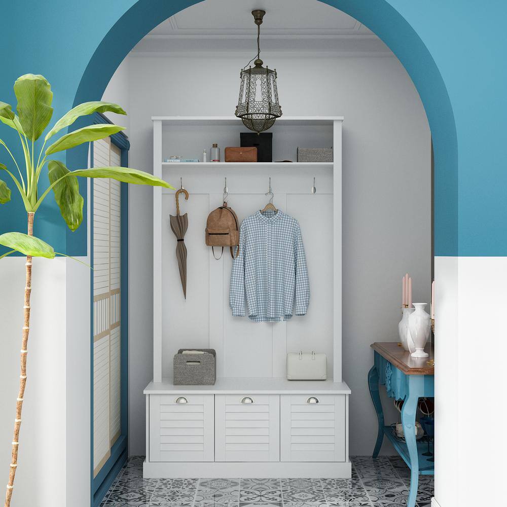 FUFU&GAGA White Freestanding Wooden Coat Rack, Shoes Storage Bench and