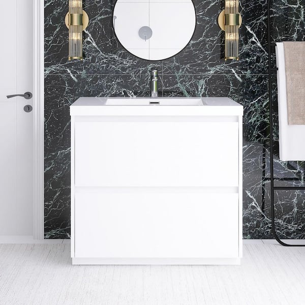 35.43 in. W x 19.69 in. D x 33.46 in. H Freestanding Bath Vanity in White with White Resin Top
