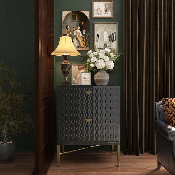 Clihome Black 2 Drawers MDF Nightstand with Golden Handles and Legs