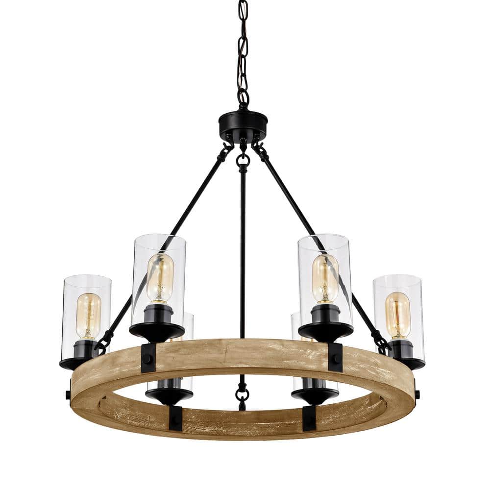 Rustic Farmhouse 6-Light Wagon Wheel Chandelier with Vintage Wood & Black Detail