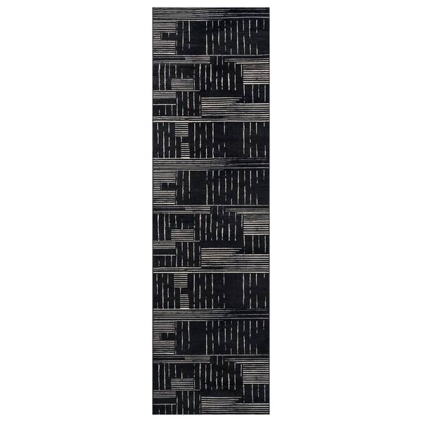 Block Stripe Black Machine Washable Non-Slip Backing Area Rug 2' x 6' Black