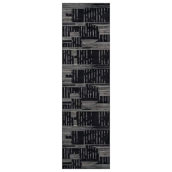 Block Stripe Black Machine Washable Non-Slip Backing Area Rug 2' x 8' Black