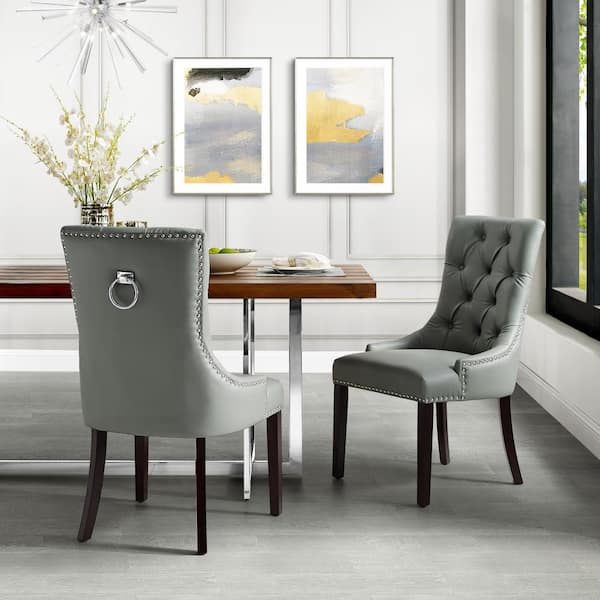 light grey tufted dining chairs