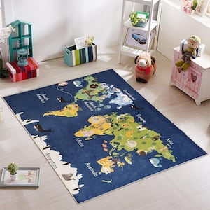 Map 39.5 in. x 59 in. Cotton Washable Educational for Kids Room Area Rug