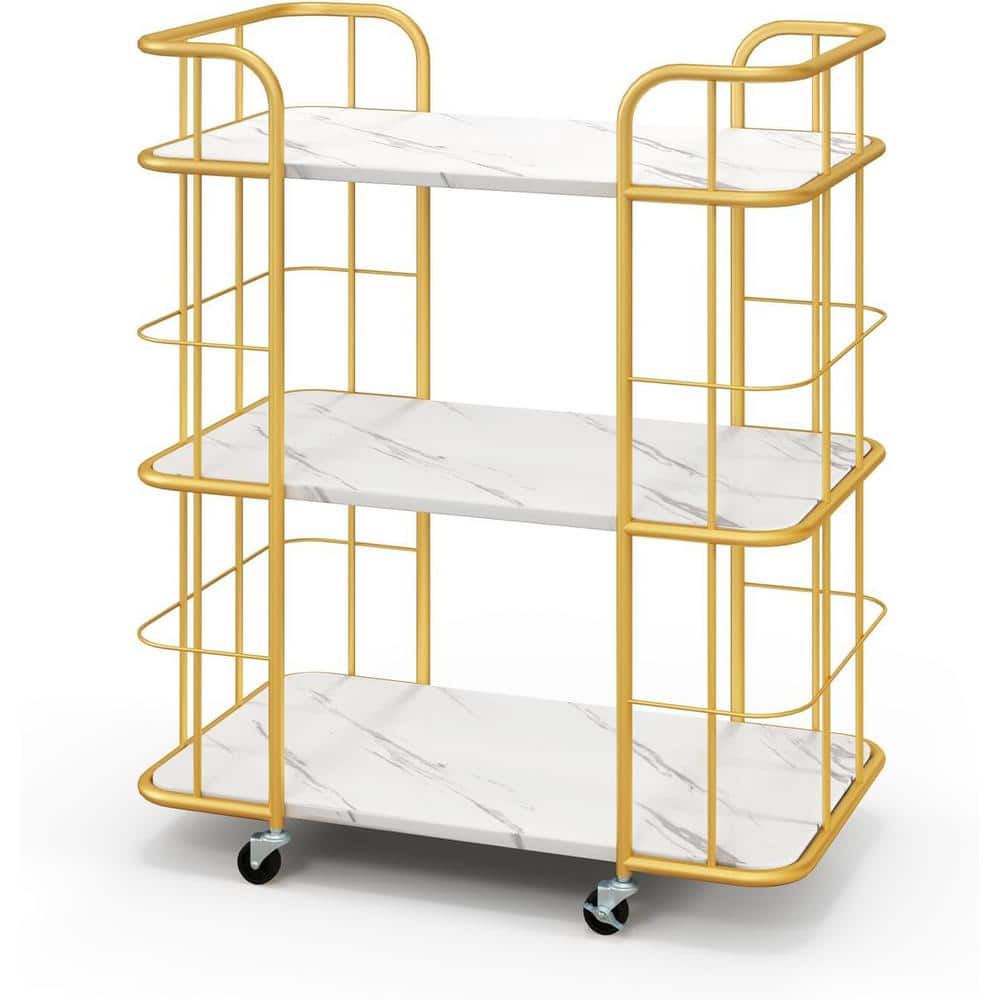 3-Tier Gold Rolling Metal Kitchen Cart with Marble Tabletop and Handles