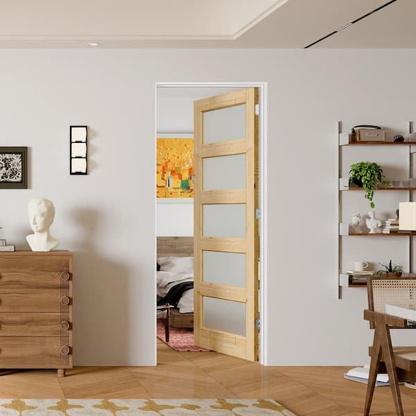 32 in. x 80 in. 5 Lite Frosted Glass, Light Brown, Solid Pine Wood, DIY Painted, Assembly Required Interior Door Slab