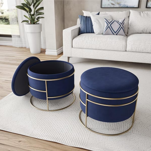 Techni Home Blue Velvet Round with Gold Frame and Storage Ottoman